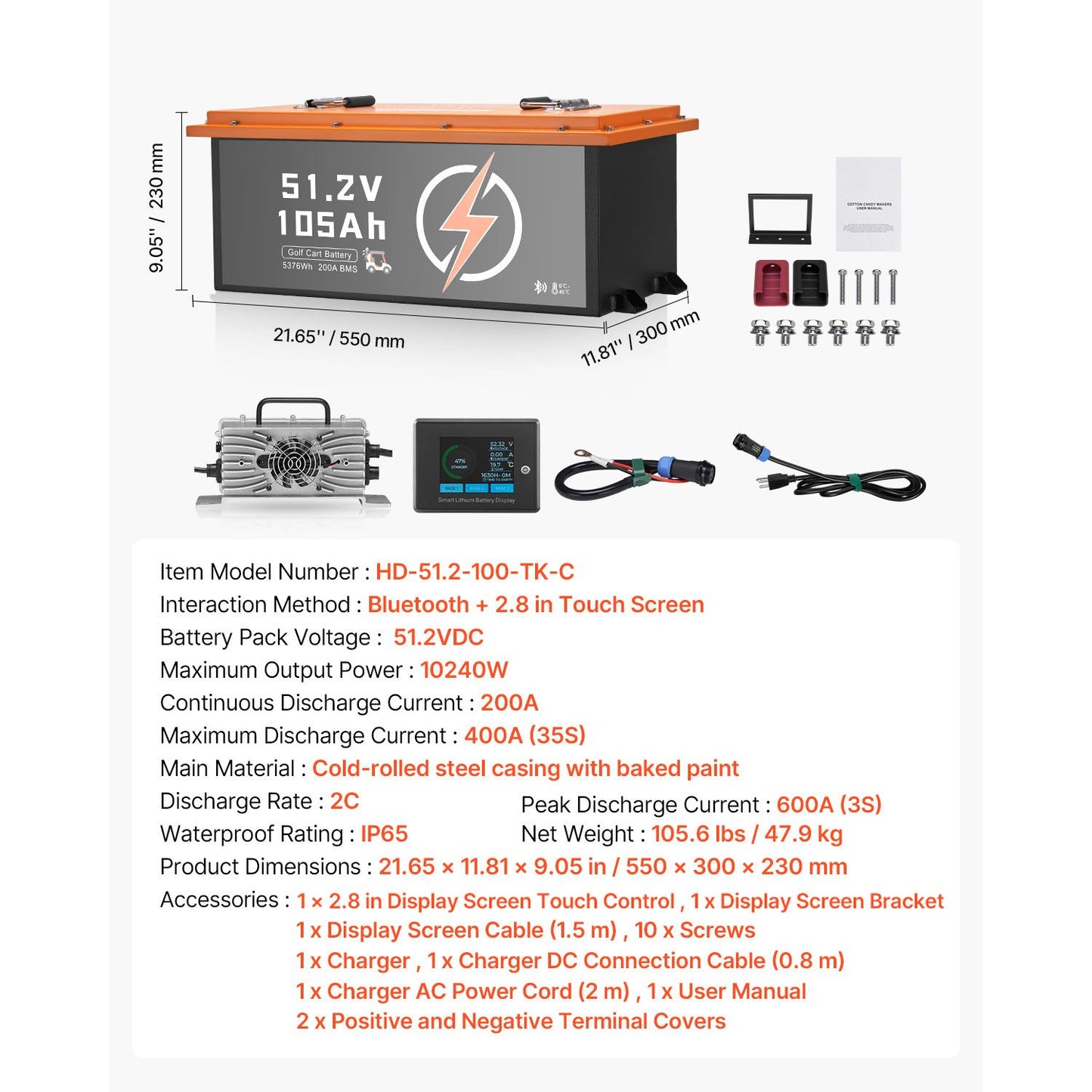48V 105Ah Golf Cart Lithium Battery, 48 Volt Golf Cart Battery with 200A BMS, Touch Monitor and Mobile APP, LiFePO4 Battery with 600A Peak Current, 20A Charger and 4000+ Cycles, for Golf Carts