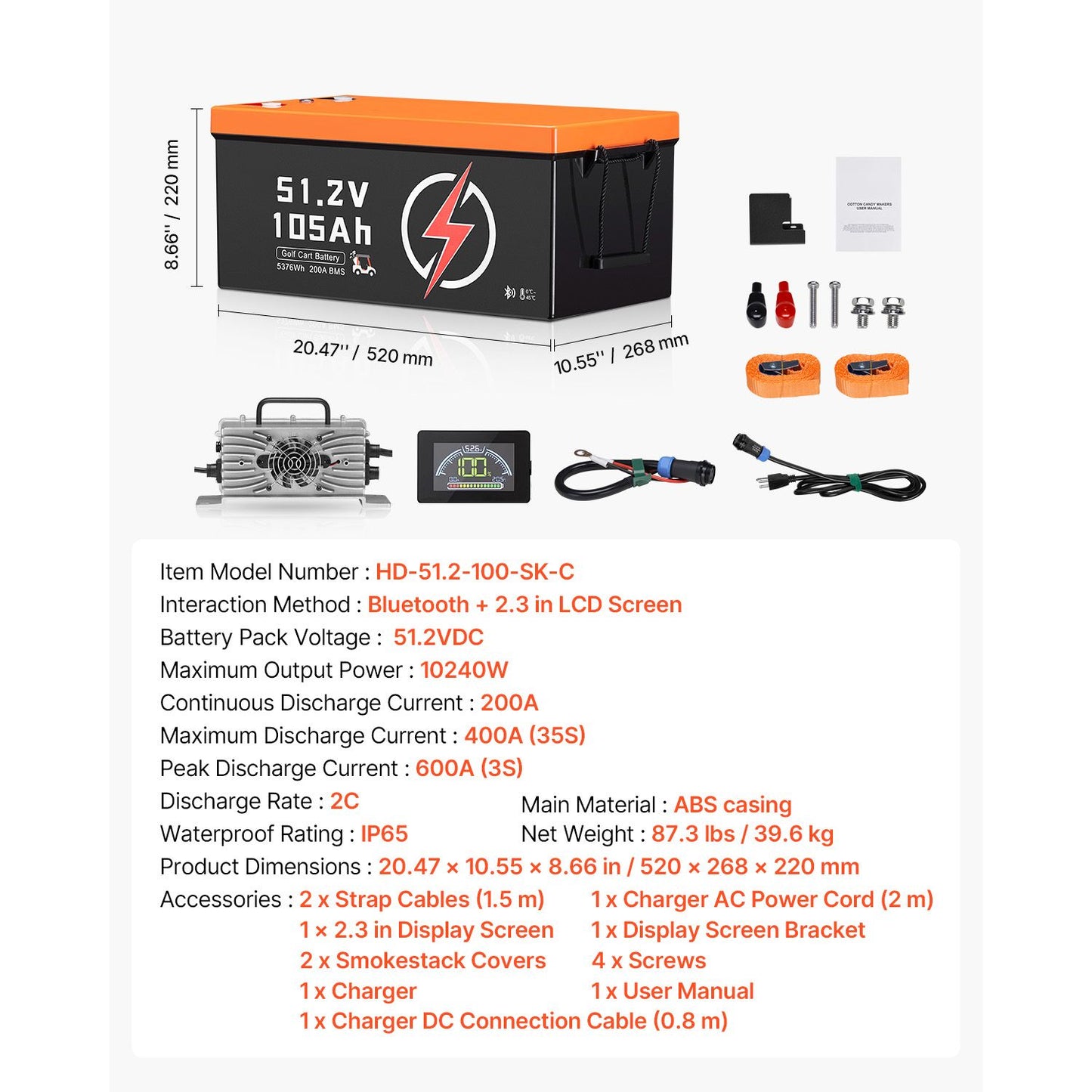48V 105Ah Golf Cart Lithium Battery, 48 Volt Golf Cart Battery with 200A BMS, LCD Monitor and Mobile APP, LiFePO4 Battery with 600A Peak Current, 20A Charger and 4000+ Cycles, for Golf Carts