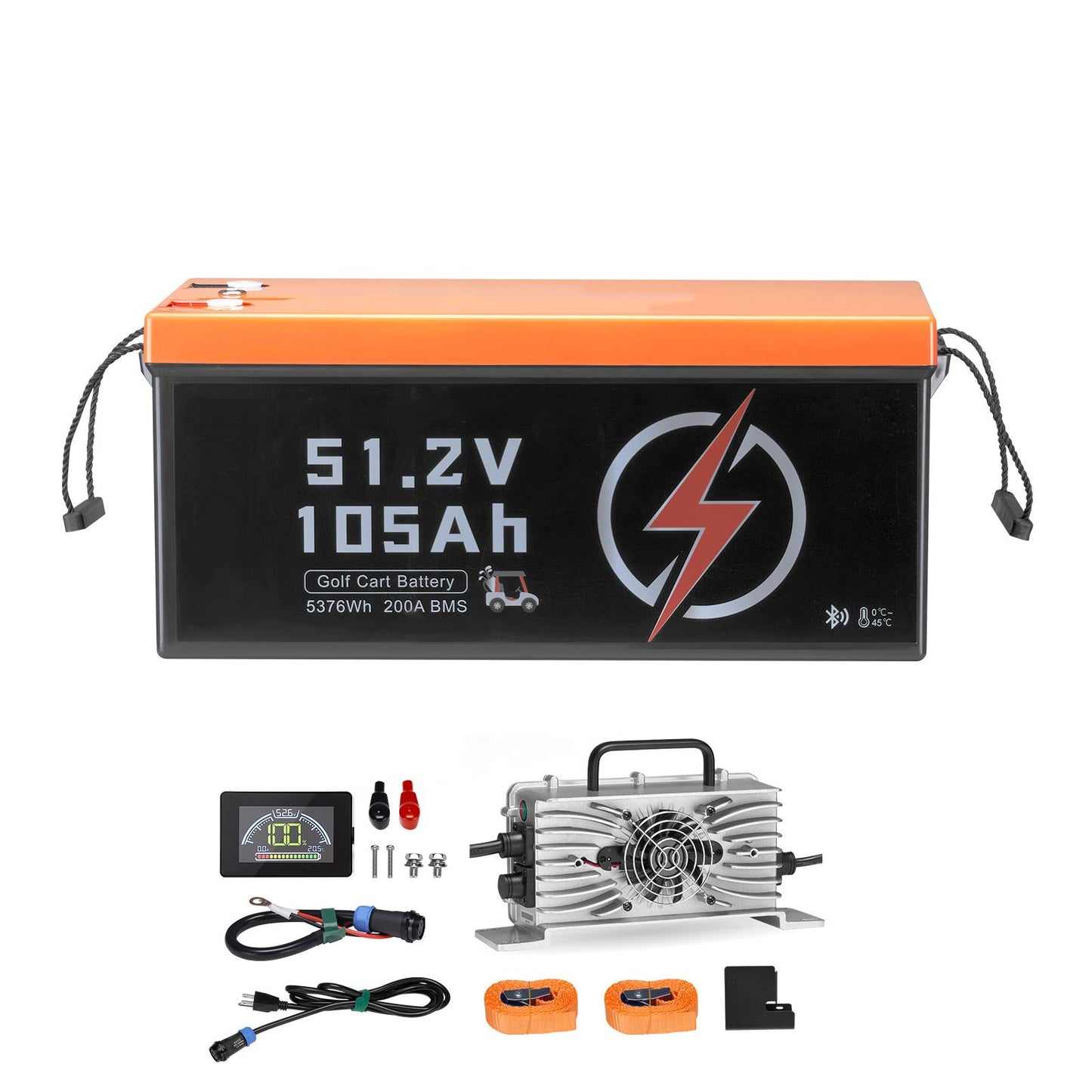 48V 105Ah Golf Cart Lithium Battery, 48 Volt Golf Cart Battery with 200A BMS, LCD Monitor and Mobile APP, LiFePO4 Battery with 600A Peak Current, 20A Charger and 4000+ Cycles, for Golf Carts